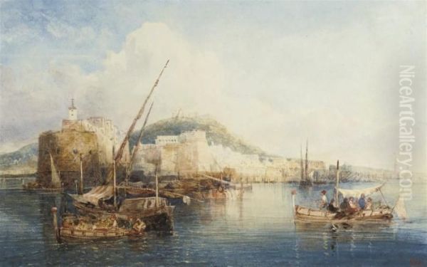 Fishing Vessels Before The Castel Dell'ovo, Naples Oil Painting by William Wyld