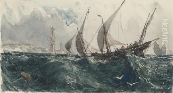 Xebecs In The Mediterranean Before A Lighthouse Oil Painting by William Wyld