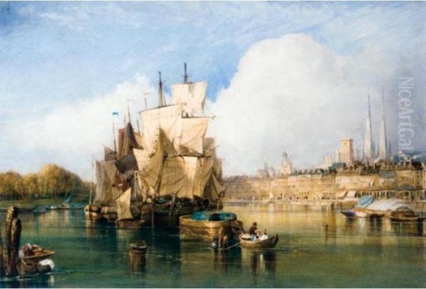 Shipping On A River, A City Beyond Oil Painting by William Wyld