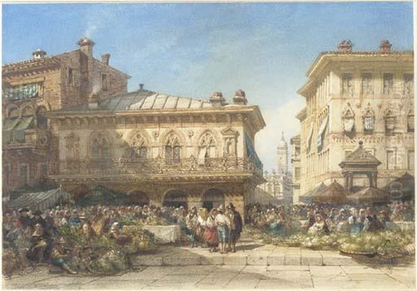 A Flower Market, Verona Oil Painting by William Wyld