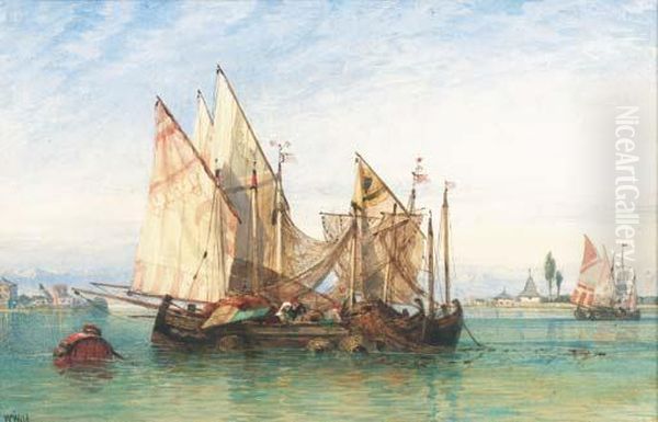 Fishing Vessels Off The Venetian Lagoon Oil Painting by William Wyld