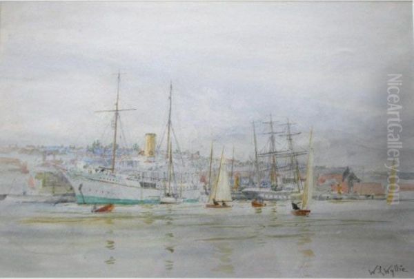 The Medina River At Cowes With The Steam Yacht Liberty And The Tall Ship Fantome Oil Painting by William Lionel Wyllie