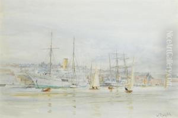 Dinghies Racing On The Medina At Cowes With The Steam Yacht Oil Painting by William Lionel Wyllie