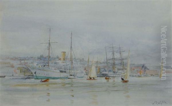 The Medina River At Cowes In The 1920's With The Steam Yacht
'liberty' And Tall Ship 'fantome' Docked At The Harbour Oil Painting by William Lionel Wyllie