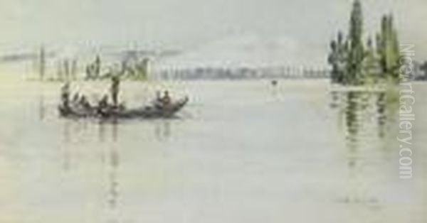 Fishing On A Lake, Early Morning Oil Painting by William Lionel Wyllie