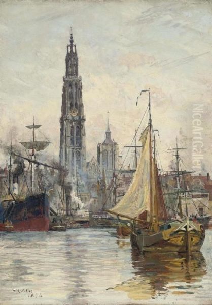 Shipping On The Scheldt Before Antwerp, The Cathedral Beyond Oil Painting by William Lionel Wyllie