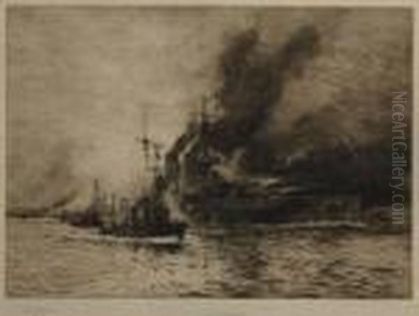 A Battleship Firing Oil Painting by William Lionel Wyllie