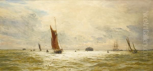 Fishing Boats Running Home Through Spithead Atthe End Of The Day Oil Painting by William Lionel Wyllie