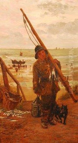 Study Of A Fisherboy Carrying A 
Spar Across His Shoulder And Lamp In His Hand And With A Terrier Dog At 
His Heels, 
With Figures Upon The Shoreline And A Boat Beached To The Distance Oil Painting by William Lionel Wyllie