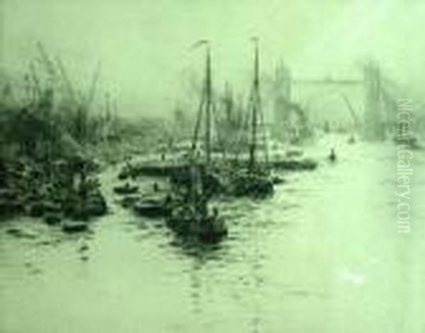 Eel Boats On The River Thames In Front Of Tower Bridge Oil Painting by William Lionel Wyllie