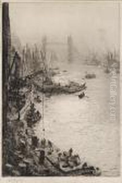 Work On The Thames, With Tower Bridgebeyond Oil Painting by William Lionel Wyllie