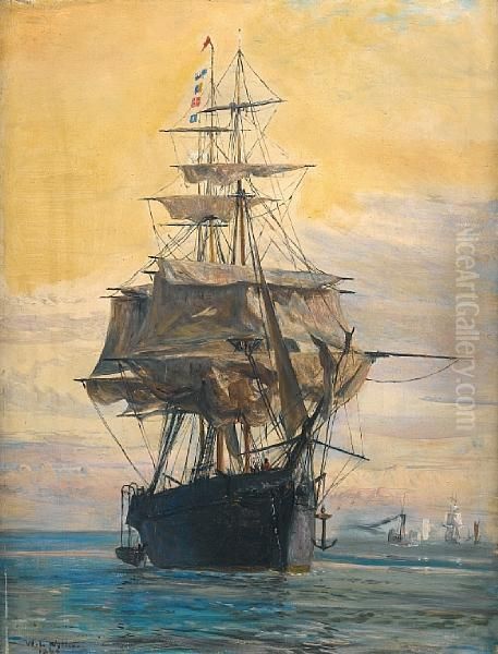 An Iron Windjammer Lying At Anchor And Drying Her Sails Oil Painting by William Lionel Wyllie