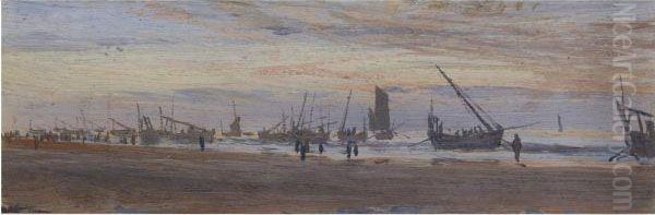 Cloud Studies Over The Estuary 
At Low Tide; And Shipping Mooredalong The Coast At Low Tide Oil Painting by William Lionel Wyllie