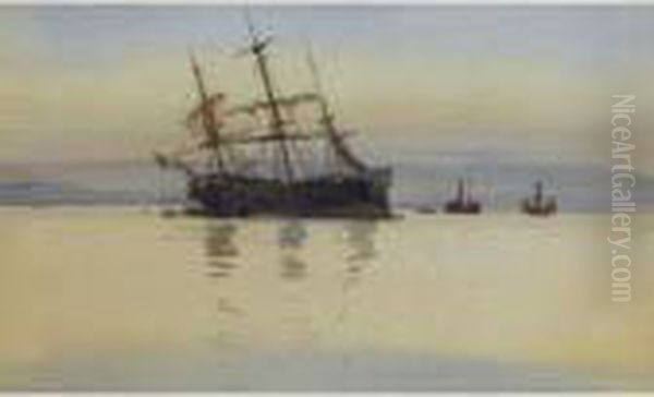 A Three-masted Ship Moored Off The Coast With Attendant Boats Oil Painting by William Lionel Wyllie