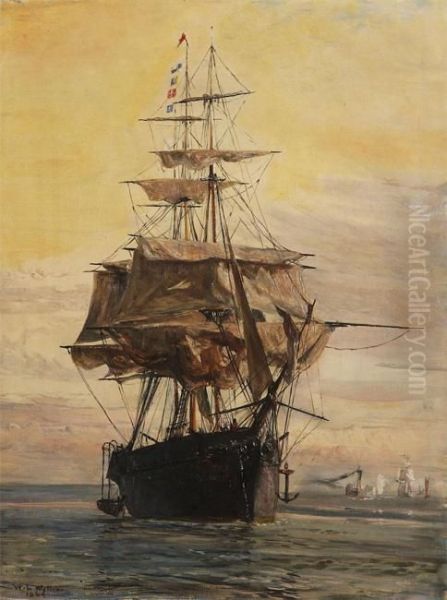 Threemaster On A Calm Sea Oil Painting by William Lionel Wyllie