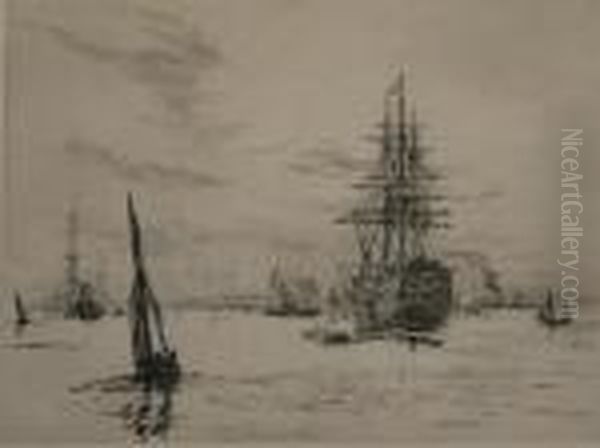 Hms Victory And Other Vessels Off Portsmouth Oil Painting by William Lionel Wyllie