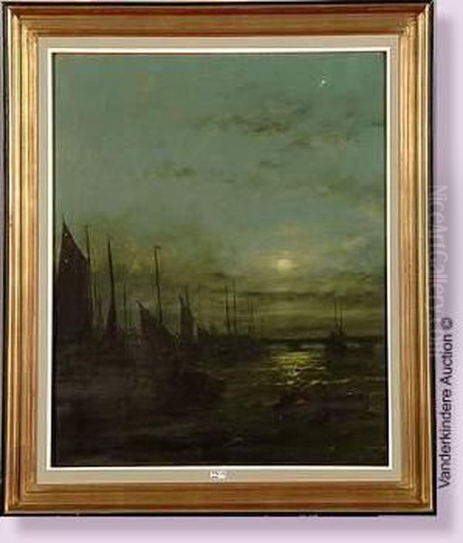 Thames At London. Moonlight Oil Painting by William Lionel Wyllie