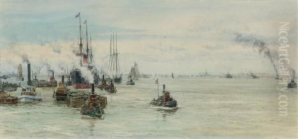 New York Harbour Oil Painting by William Lionel Wyllie