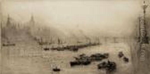 Barges On The Thames At Westminster, Looking Towards The Houses Of Parliament Oil Painting by William Lionel Wyllie