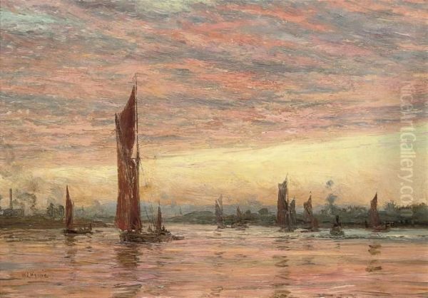 Thames's Barges At Sunset Oil Painting by William Lionel Wyllie