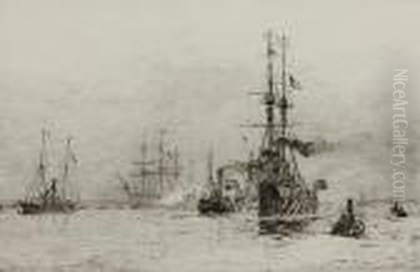 Battleship And Other Vessels In A Busy Channel Oil Painting by William Lionel Wyllie