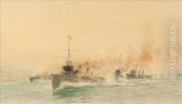 A Fiotilla Of Destroyers Cruises Oil Painting by William Lionel Wyllie