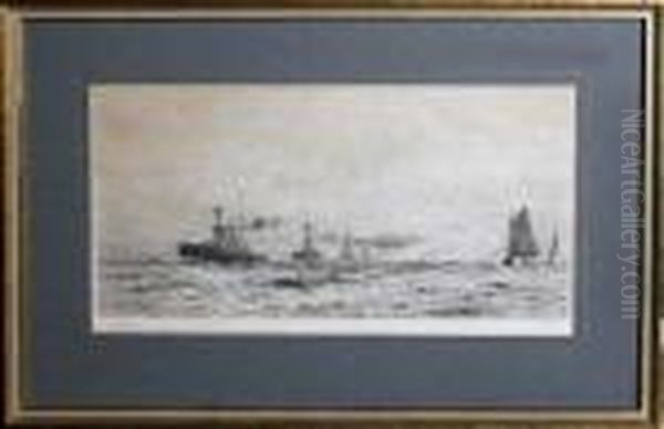 A Flotilla Of Destroyers Trailed By A Sea Plane Oil Painting by William Lionel Wyllie