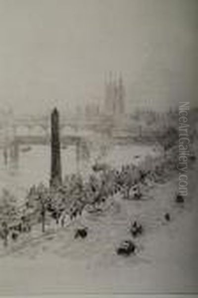 Cleopatra's Needle, Charing Cross Bridge And Westminster From The Savoy Hotel Oil Painting by William Lionel Wyllie