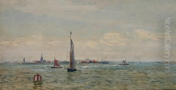 Boats In A Channel With A Town Beyond Oil Painting by William Lionel Wyllie