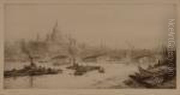 Barges On The Thames By Blackfriars Bridge Oil Painting by William Lionel Wyllie