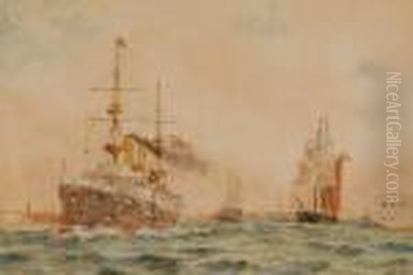 Shipping In Portsmouth Harbour Oil Painting by William Lionel Wyllie