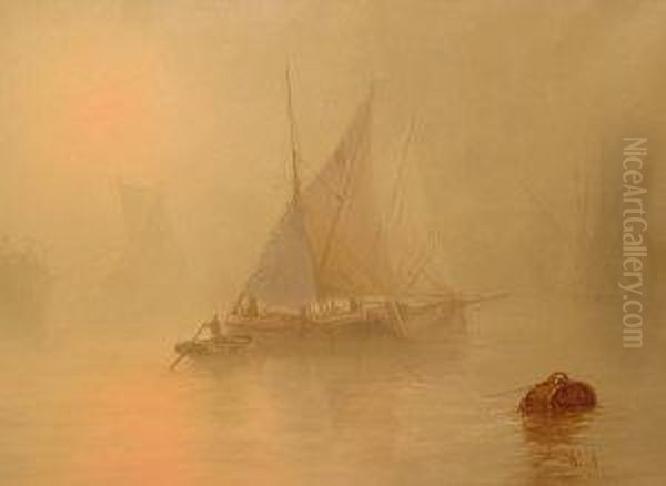 Moored Fishing Boats In A Misty Harbour At Sunset Oil Painting by William Lionel Wyllie