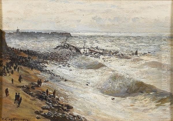 Surveying The Wreck On The North Coast Of France Oil Painting by William Lionel Wyllie