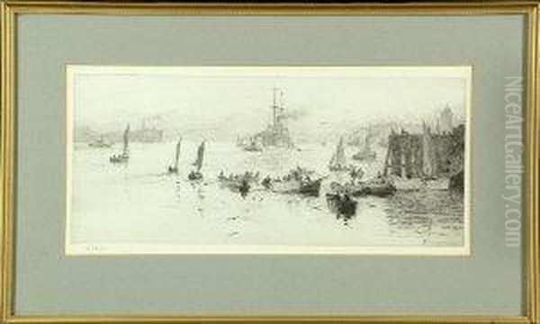 Fishing Boats At North Shields Harbour - Drypoint, Signed By The Artist In Pencil. Oil Painting by William Lionel Wyllie