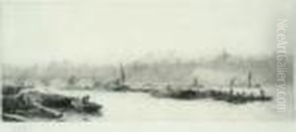 Barges On The Thames Signed In Pencil 5 X 11.75in Oil Painting by William Lionel Wyllie