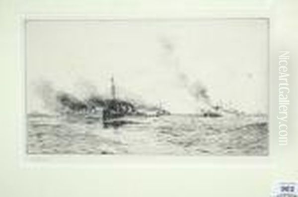 R.a., R.b.a., R.i., R.e., 
N.e.a.c. First World War Destroyers In An Open Sea Signed Artist's 
Proof, Black And White Drypoint Etching, 17.5cm By 30.5cm Oil Painting by William Lionel Wyllie