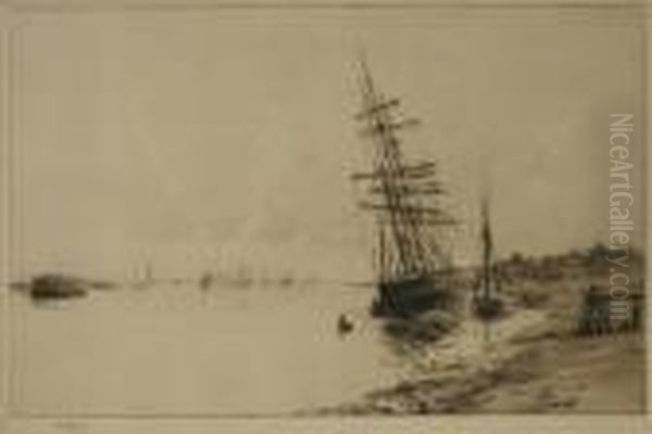 Beached Schooner - Thames Estuary Oil Painting by William Lionel Wyllie