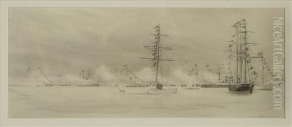 Spithead Review Monochrome Oil Painting by William Lionel Wyllie