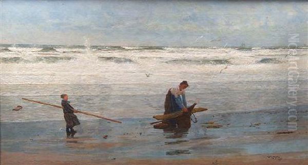 On The Beach, Mother And Child Collecting Driftwood Oil Painting by William Lionel Wyllie