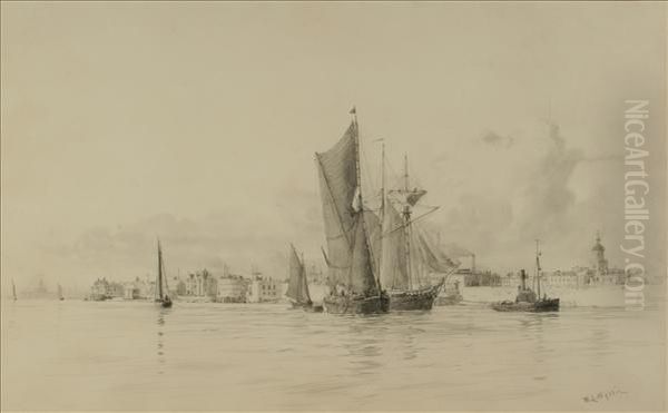 Portsmouth With The Cathedral Monochrome Oil Painting by William Lionel Wyllie