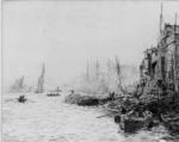 Barges At Woolwich Reach Oil Painting by William Lionel Wyllie