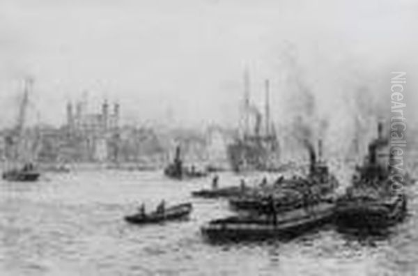 Barges And Other Shipping In The Pool Of London Before Thetower Oil Painting by William Lionel Wyllie