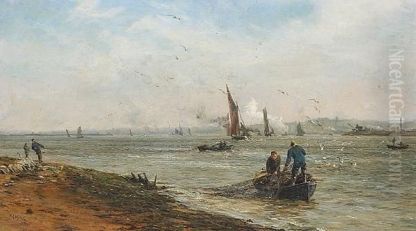 A View Of The Thames Estuary With Fishermen And Their Nets In A Dinghy In The Foreground Oil Painting by William Lionel Wyllie