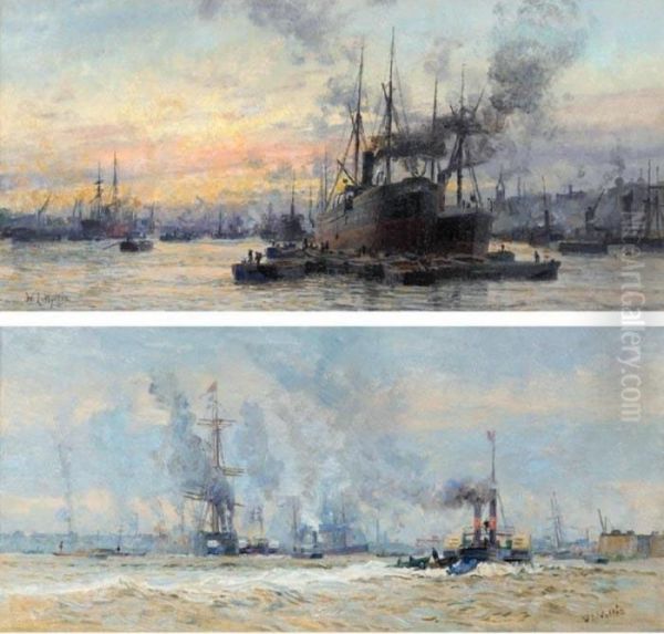 Ships In The Dock; And A Tug And Other Shipping On The Thames Oil Painting by William Lionel Wyllie