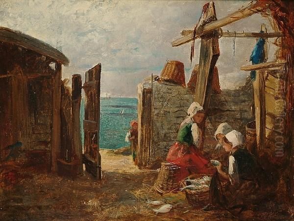 Fishergirls Sorting The Day````s
 Catch, The Coast Beyond, Thought To Be A View In Guernsey Oil Painting by William Lionel Wyllie