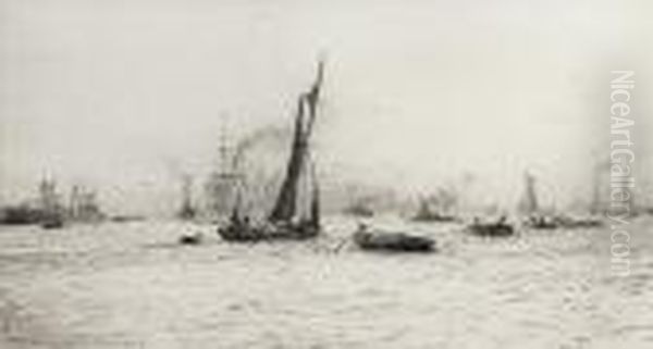 Busy Thames Scene With Steamers, Barges Andlighters Oil Painting by William Lionel Wyllie