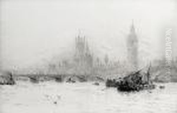 Westminster And Big Ben From The Thames Oil Painting by William Lionel Wyllie