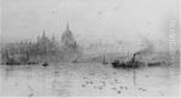 Barges On The Thames Before St. Paul's Cathedral Oil Painting by William Lionel Wyllie