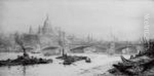 Barges On The Thames Before St. Paul's Cathedral Oil Painting by William Lionel Wyllie