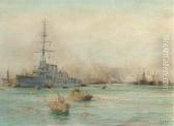 H.m.s. Undaunted At Harwich Oil Painting by William Lionel Wyllie